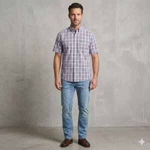 Wrangler George Strait Mens Size XL Shirt Blue Red Plaid Short Sleeve Cowboy Cut